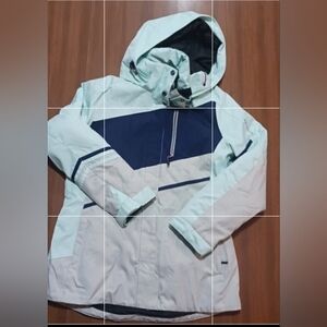 Karbon Ski Jacket Sz 10 Blue Insulate Vents Pocket Detach Hood 2 Tone Blue & Tan